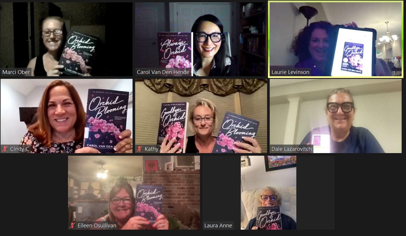 Smiling women in Zoom boxes,  holding up copies of Orchid Blooming, Goodbye, Orchid and Always Orchid