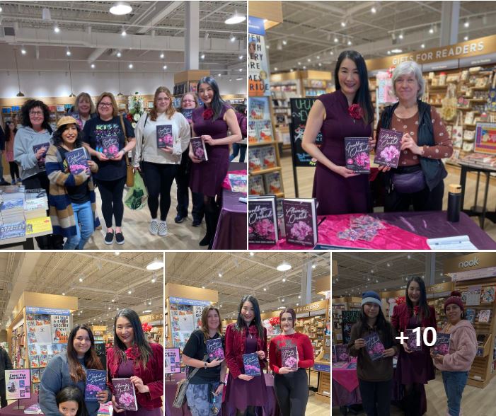 smiling readers with author Carol Van Den Hende, holding copies of Orchid Blooming, Goodbye Orchid, and Always Orchid, in a brightly lit bookstore
