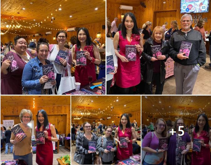 Smiling readers holding the Goodbye Orchid series with author Carol Van Den Hende