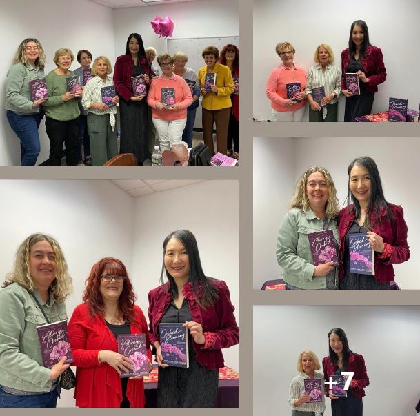smiling readers with author Carol Van Den Hende and the Goodbye Orchid series